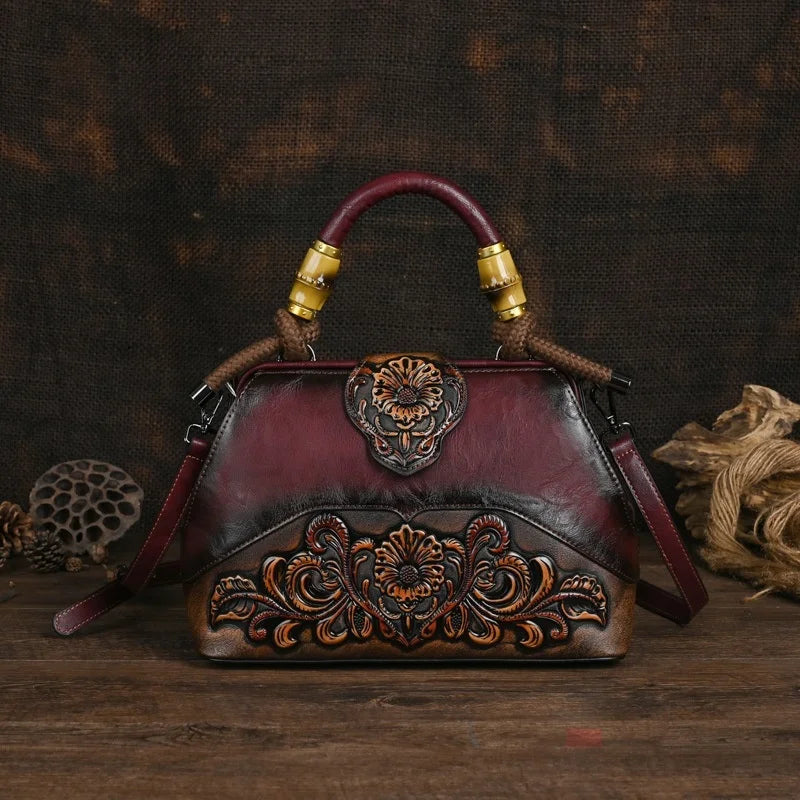Women Leather Handmade Luxury Shoulder Handbag - Vintage Carved Ladies Bag