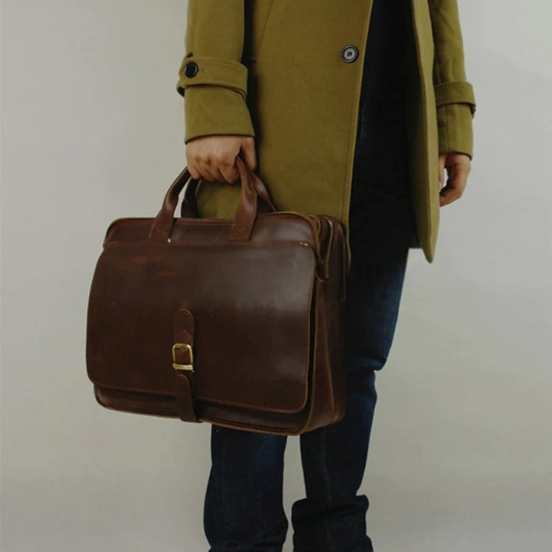 Luxury Leather Business Briefcase - Men Shoulder Portfolio Laptop Bag