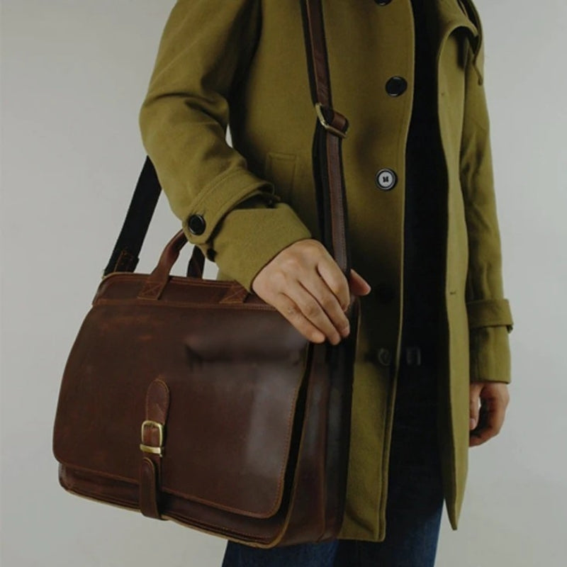 Luxury Leather Business Briefcase - Men Shoulder Portfolio Laptop Bag