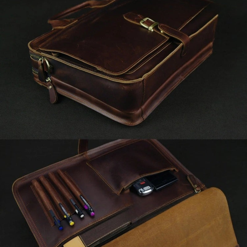 Luxury Leather Business Briefcase - Men Shoulder Portfolio Laptop Bag