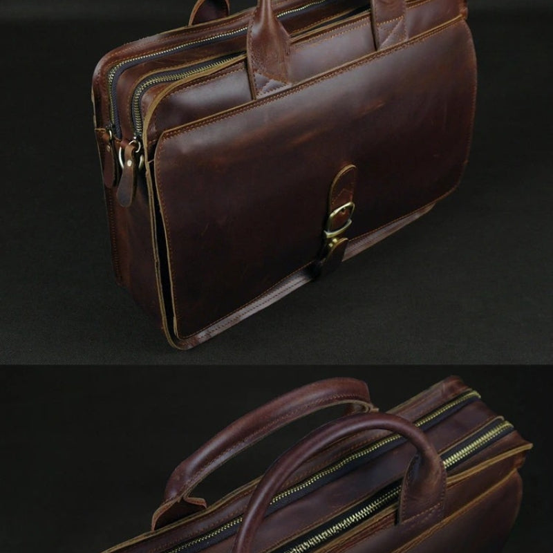 Luxury Leather Business Briefcase - Men Shoulder Portfolio Laptop Bag