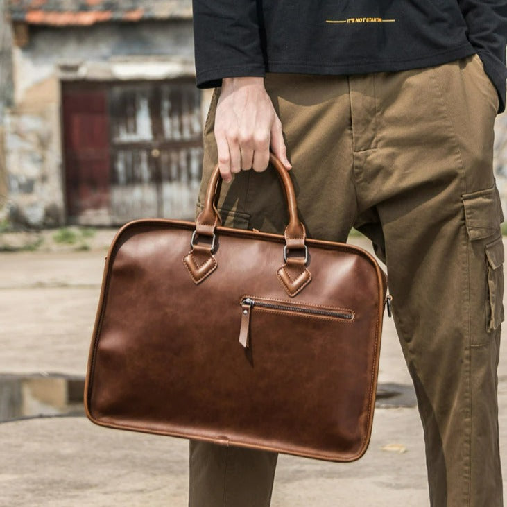 Men's Vintage Leather Briefcase Shoulder Bag - Scraften