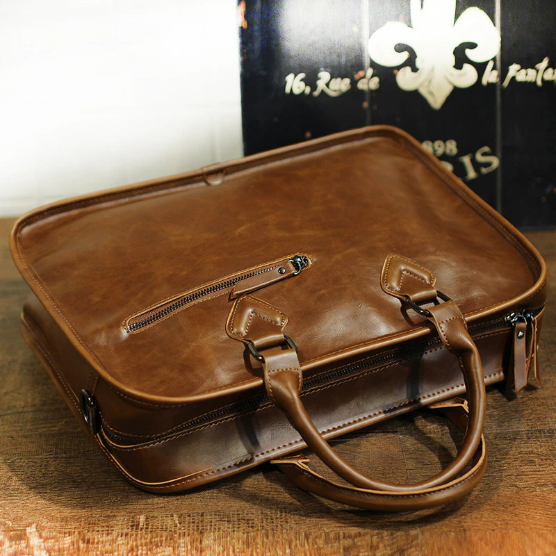 Men's Vintage Leather Briefcase Shoulder Bag - Scraften