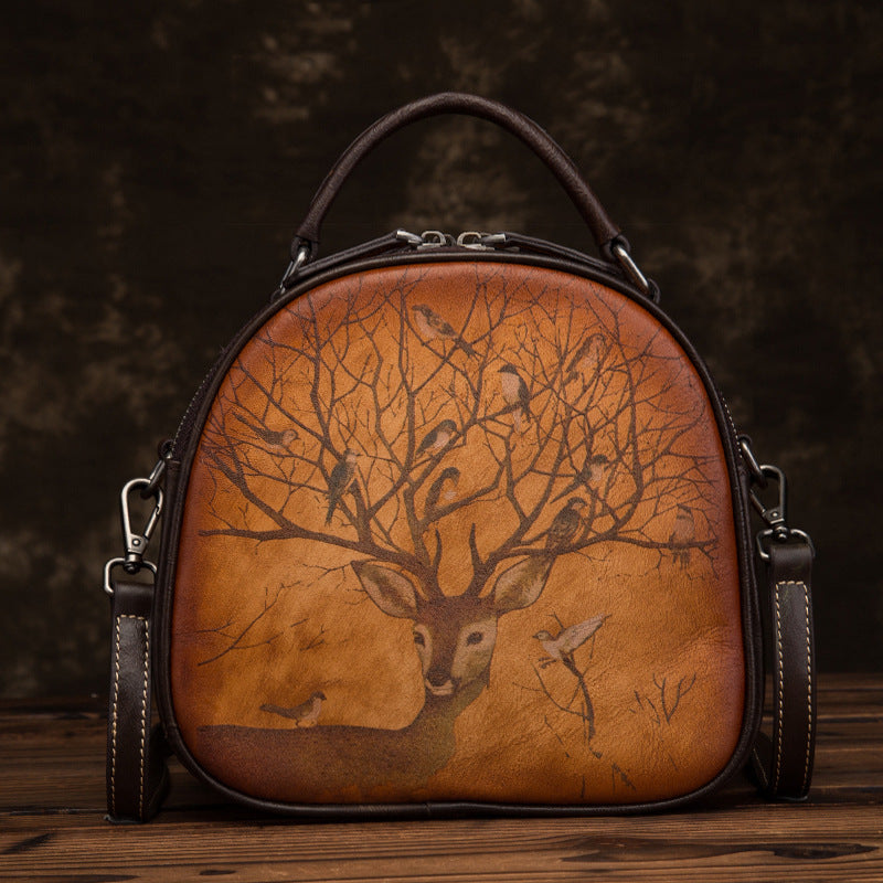 Retro Deer Bird Hand-Painted Leather Bag - Scraften