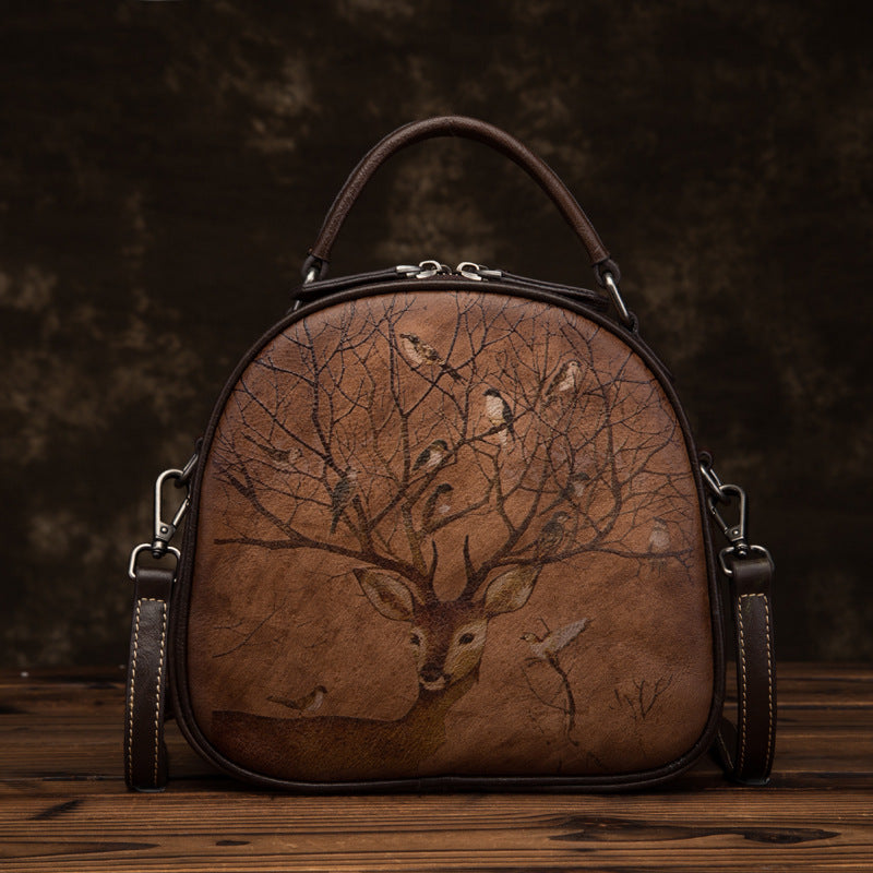 Retro Deer Bird Hand-Painted Leather Bag - Scraften