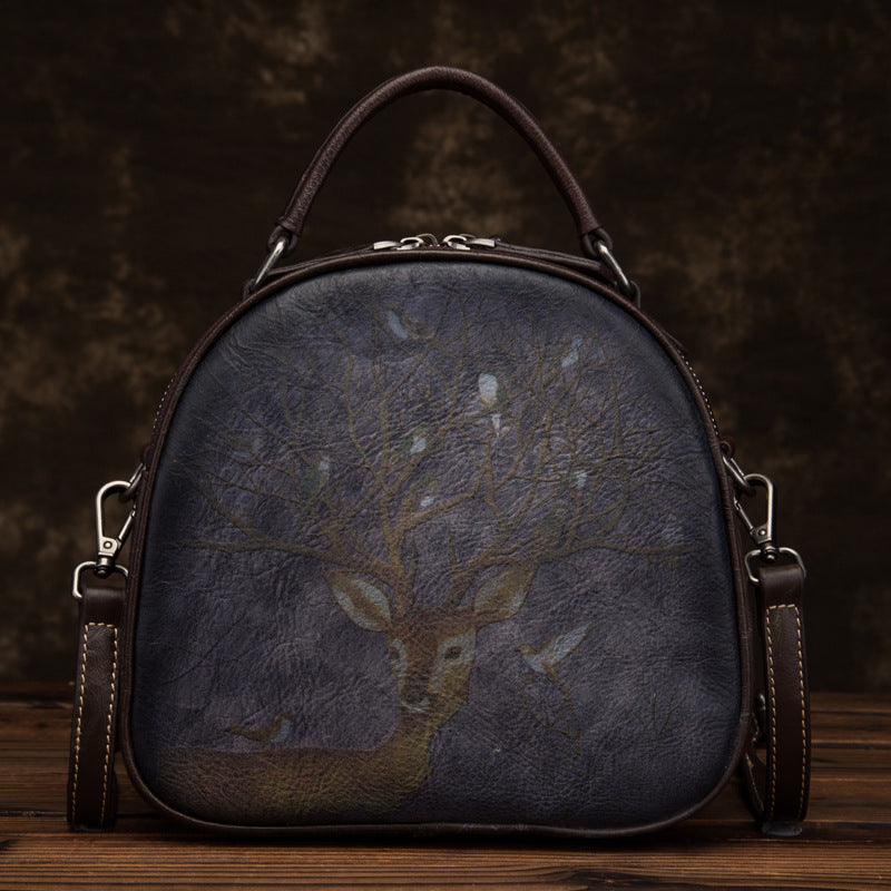 Retro Deer Bird Hand-Painted Leather Bag - Scraften