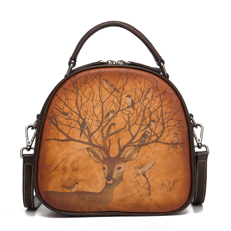 Retro Deer Bird Hand-Painted Leather Bag - Scraften