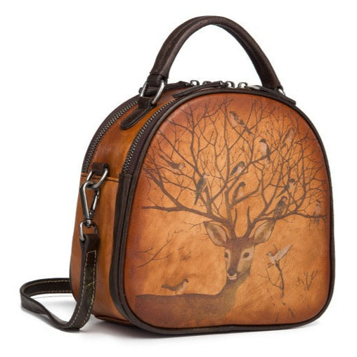 Retro Deer Bird Hand-Painted Leather Bag - Scraften