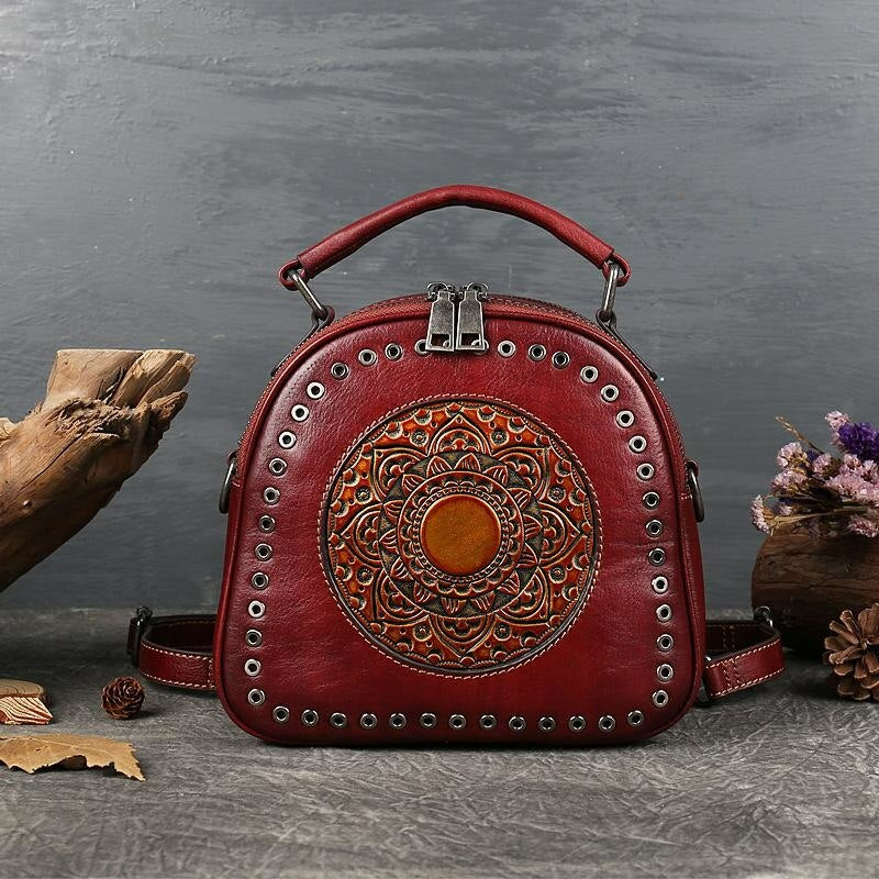 Retro Totem Women Real Leather Handbag - Scraften