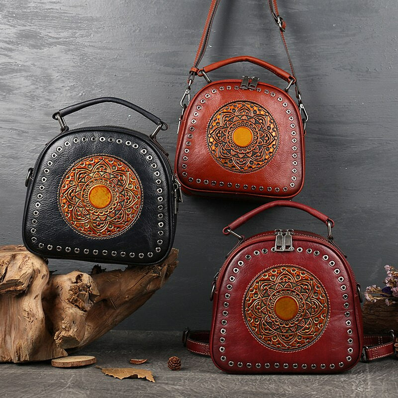 Retro Totem Women Real Leather Handbag - Scraften