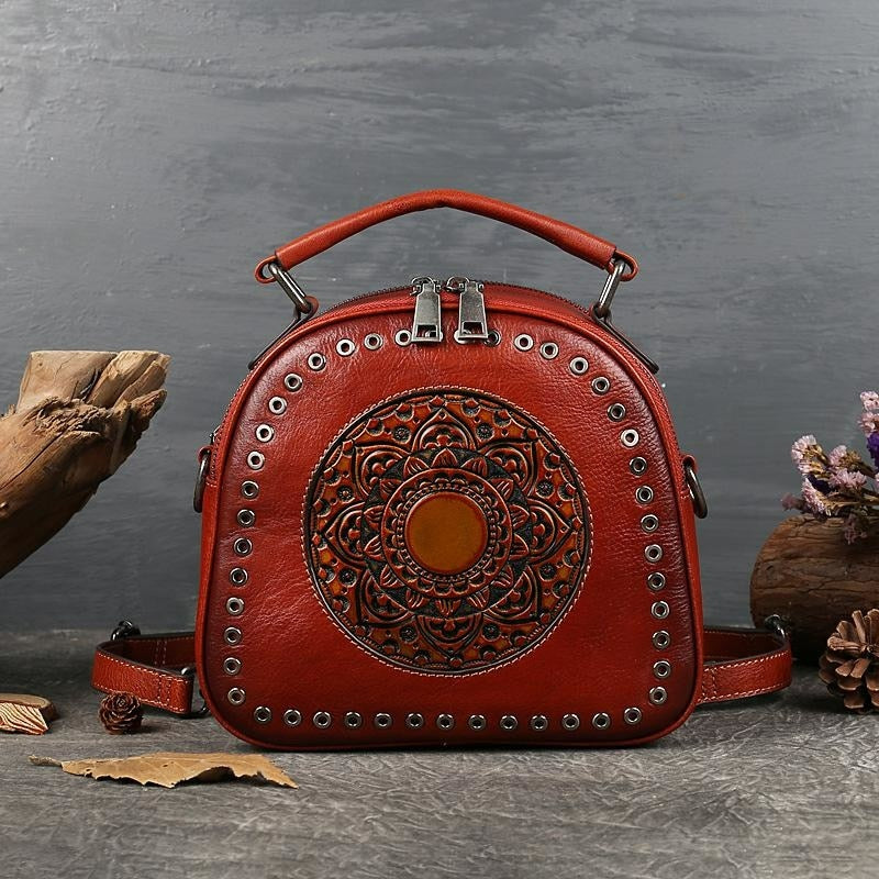 Retro Totem Women Real Leather Handbag - Scraften