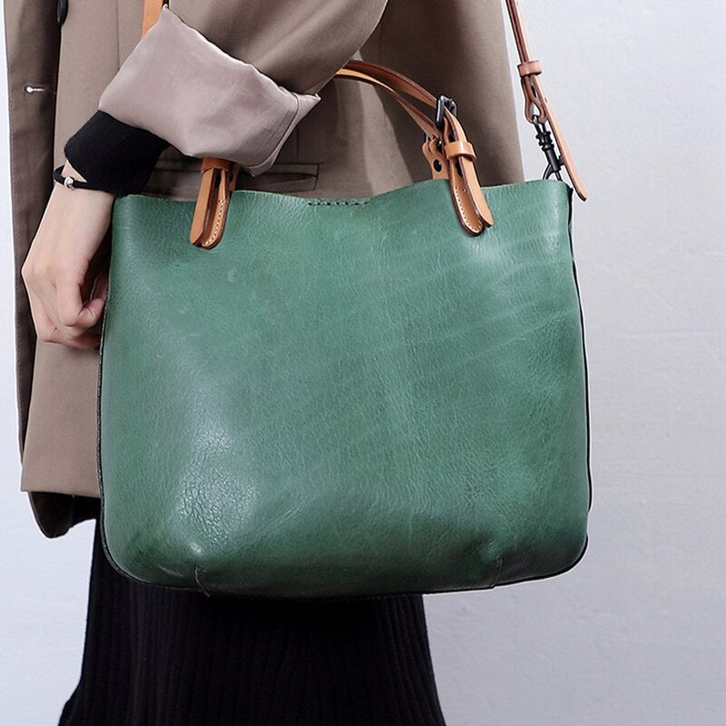 Retro Vegetable Tanned Leather Shoulder Tote Bag Crossbody Bag - Scraften