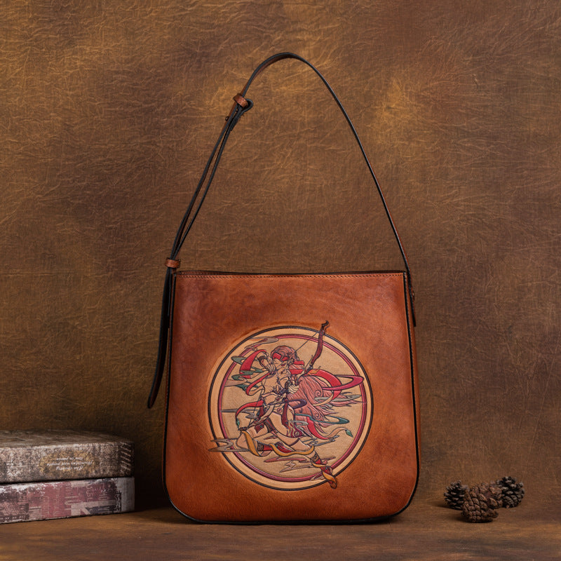 Sagittarius Head Layer Cowhide Leather Retro Bag - Scraften