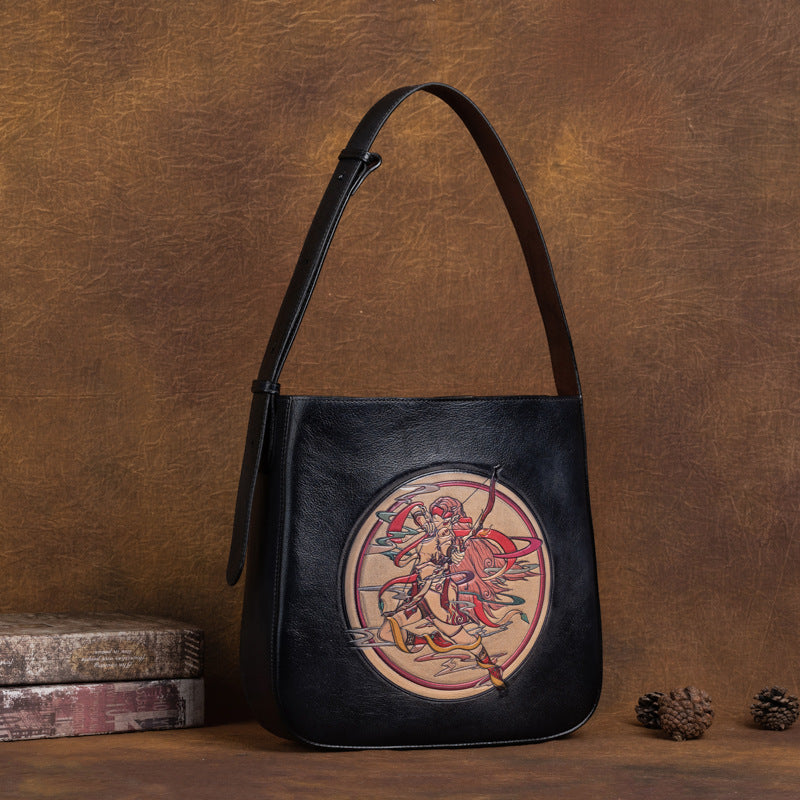 Sagittarius Head Layer Cowhide Leather Retro Bag - Scraften