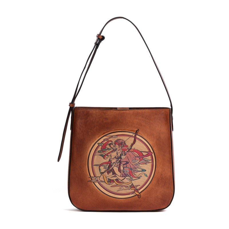 Sagittarius Head Layer Cowhide Leather Retro Bag - Scraften