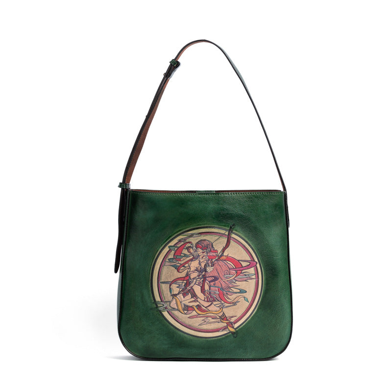 Sagittarius Head Layer Cowhide Leather Retro Bag - Scraften