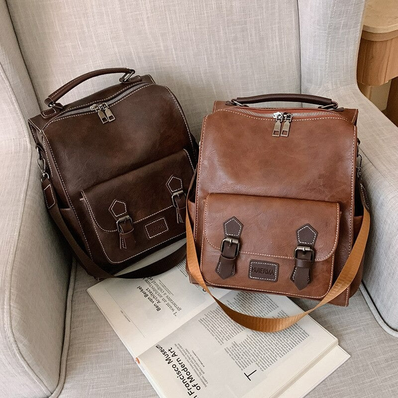 Vintage PU Leather Retro Backpack - Scraften