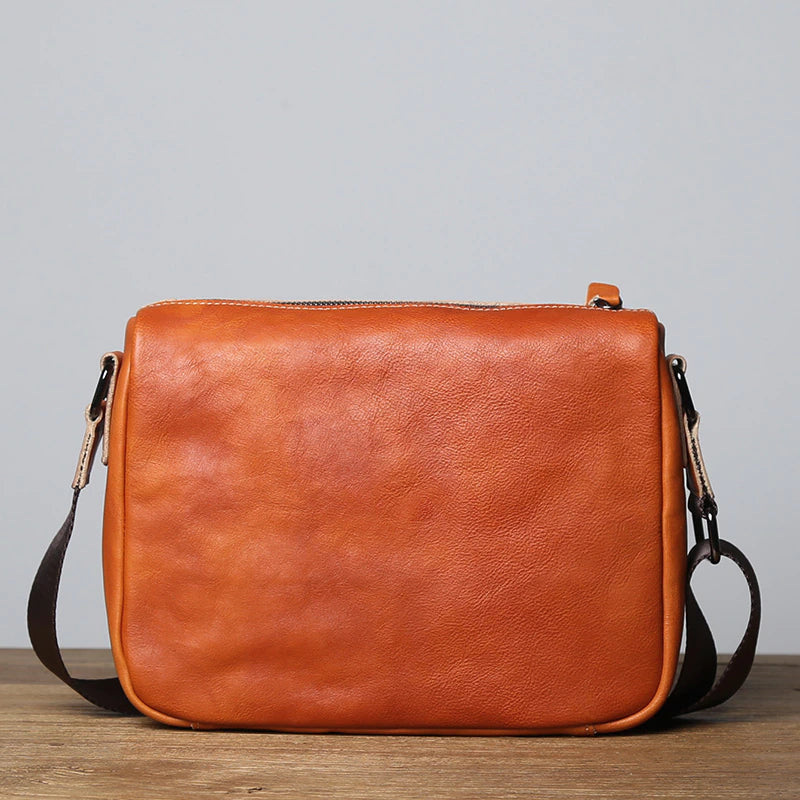 Vintage Vegetable Tanned Leather Zipper Shoulder Bag - Scraften