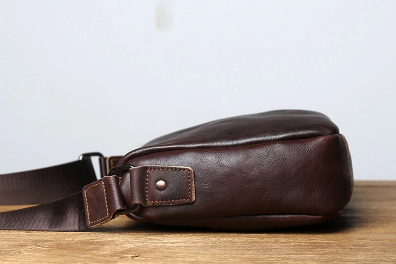 Vintage Vegetable Tanned Leather Zipper Shoulder Bag - Scraften