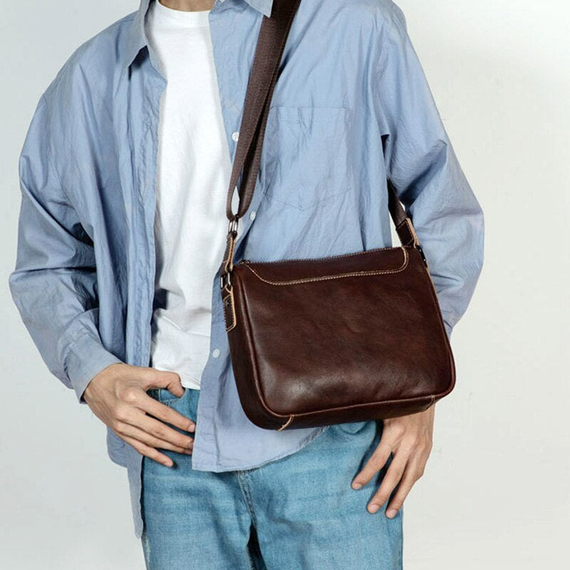 Vintage Vegetable Tanned Leather Zipper Shoulder Bag - Scraften