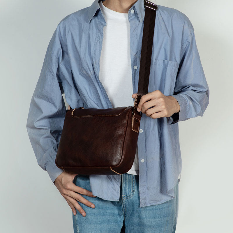 Vintage Vegetable Tanned Leather Zipper Shoulder Bag - Scraften
