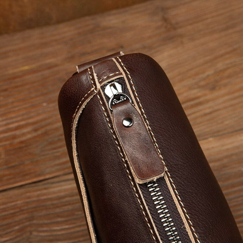 Vintage Vegetable Tanned Leather Zipper Shoulder Bag - Scraften