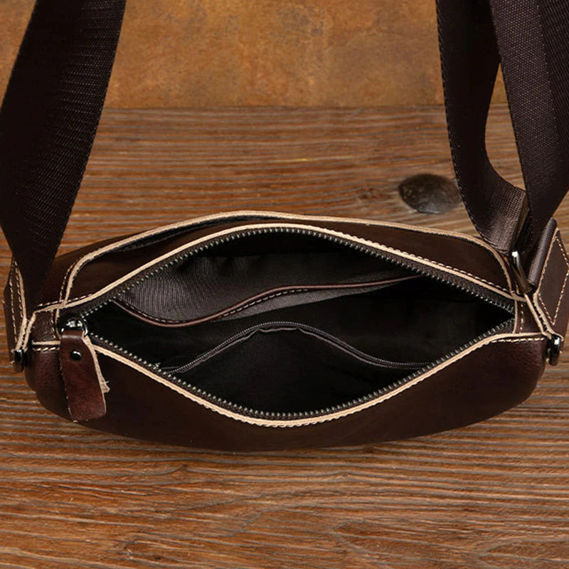 Vintage Vegetable Tanned Leather Zipper Shoulder Bag - Scraften