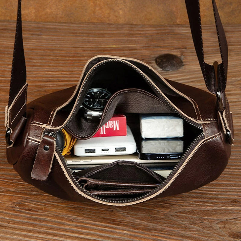 Vintage Vegetable Tanned Leather Zipper Shoulder Bag - Scraften