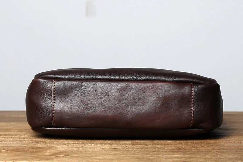 Vintage Vegetable Tanned Leather Zipper Shoulder Bag - Scraften