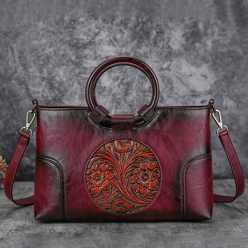 Women Retro Handmade Embossed Shoulder Bag - Scraften