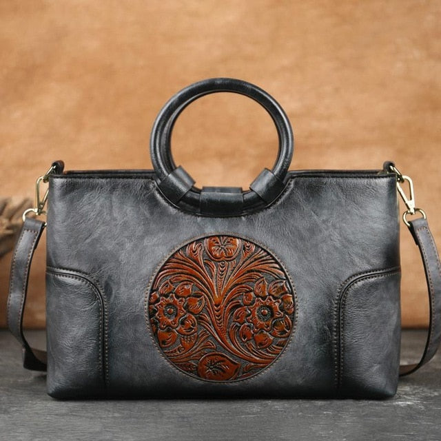 Women Retro Handmade Embossed Shoulder Bag - Scraften