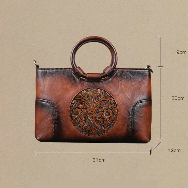 Women Retro Handmade Embossed Shoulder Bag - Scraften