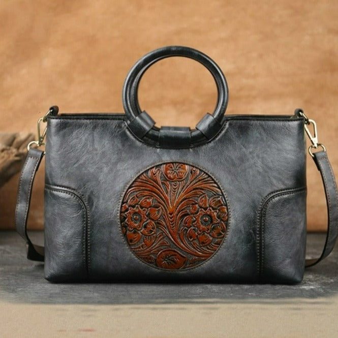 Women Retro Handmade Embossed Shoulder Bag - Scraften