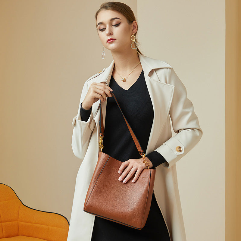 Genuine Leather Large Bucket Shoulder Bag