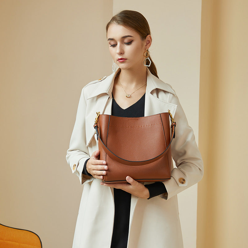 Genuine Leather Large Bucket Shoulder Bag - Scraften